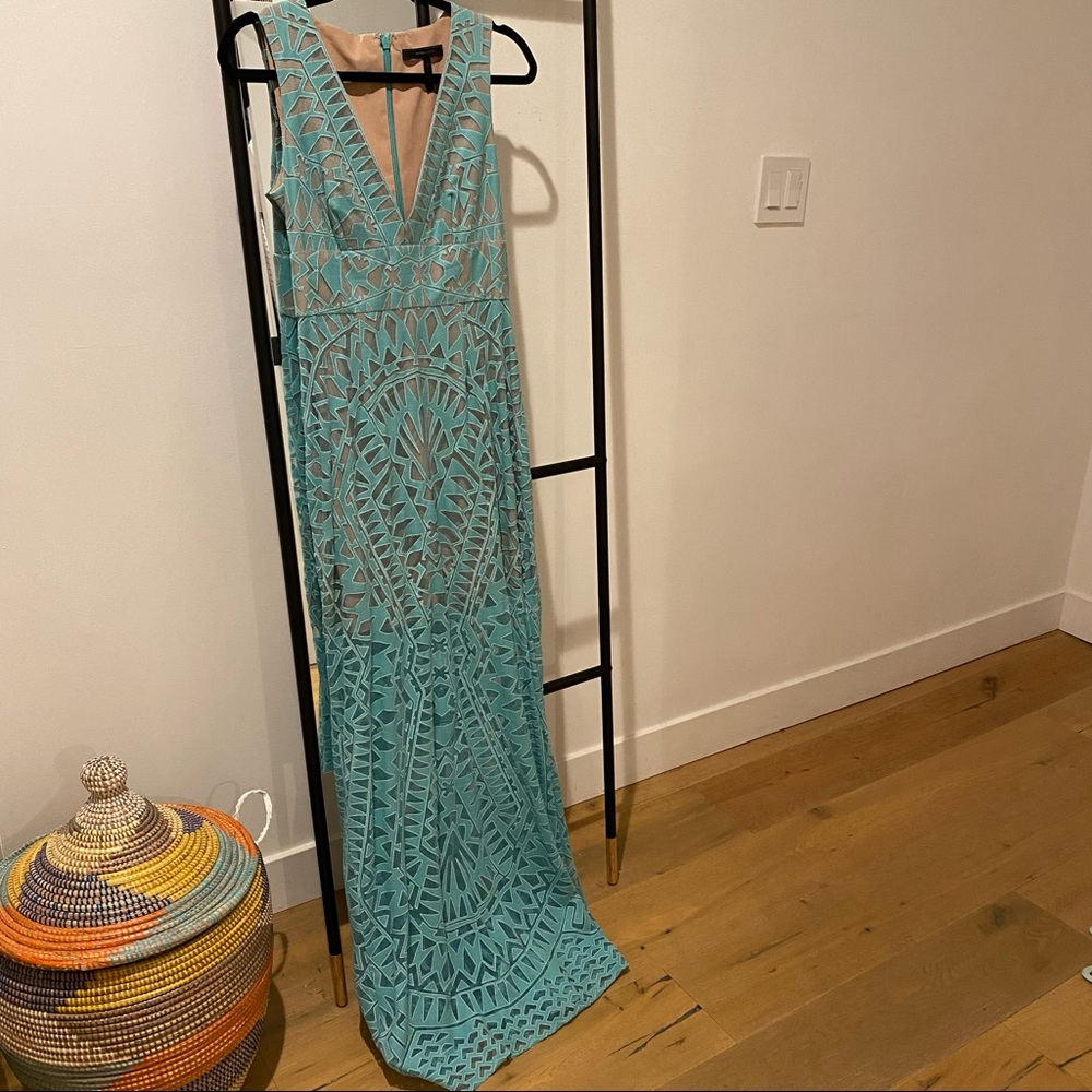 BCBG nude panel floor length gown